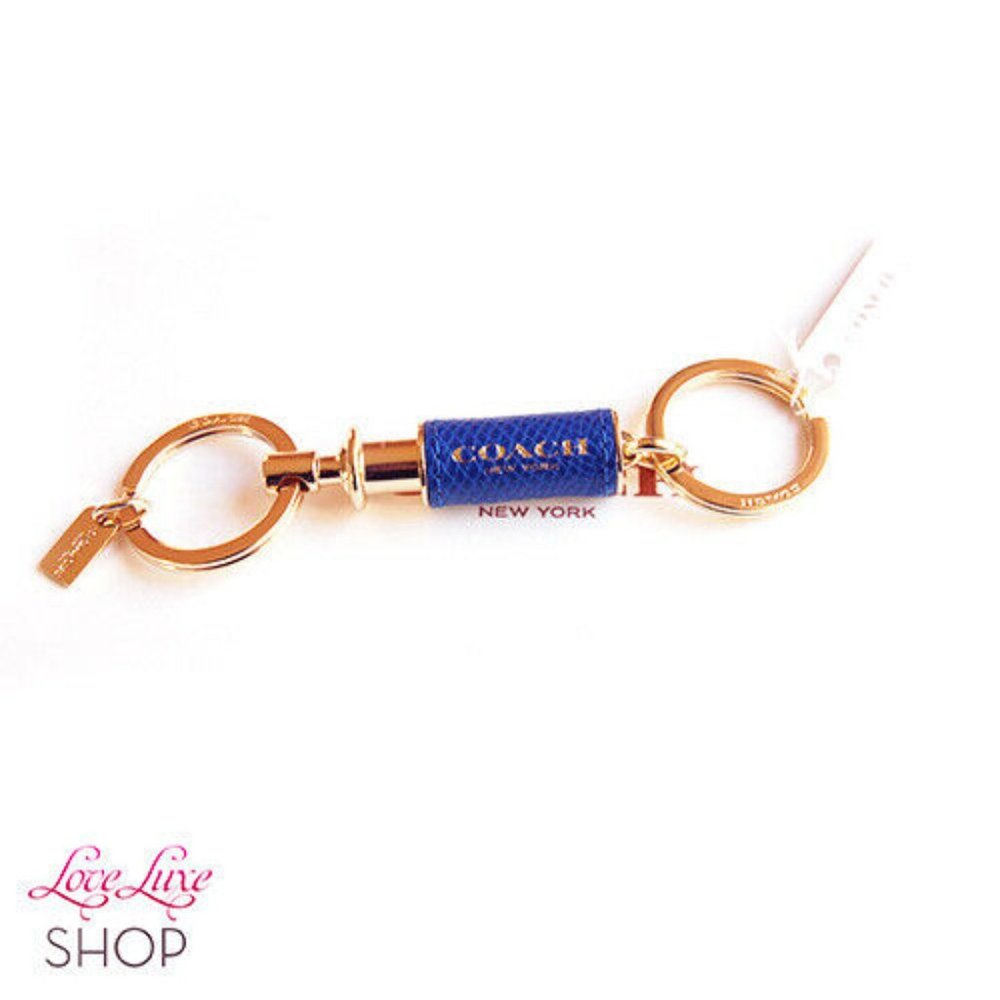 Coach Blue LeatherGold Valet Key Ring FOB Keychain